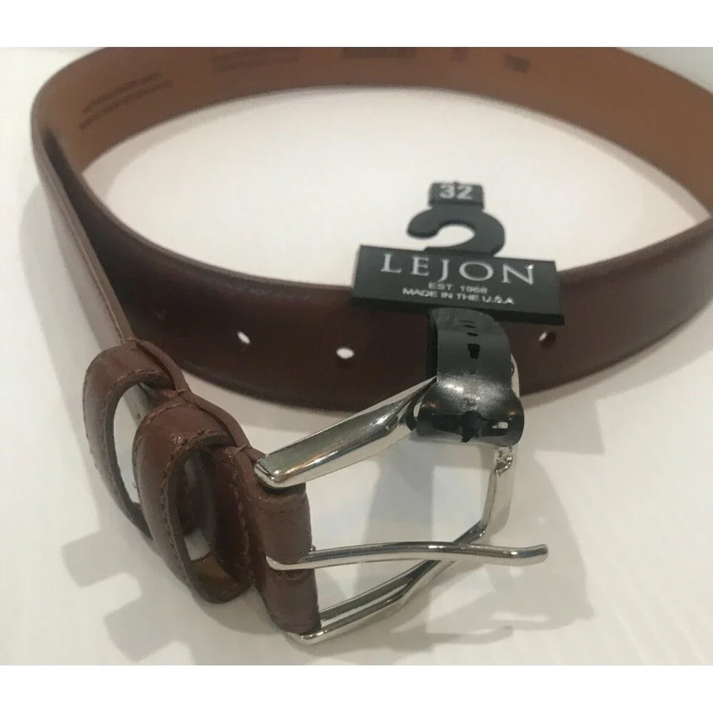 Lejon Men's Handcrafted Belt Leather Classic Brown Belt Silver Tone Buckle 32
